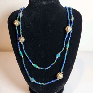 vintage blue‎ green red glass beaded metal bead string threaded ethnic necklace